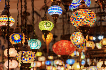Closeup view of colorful Turkish lanterns