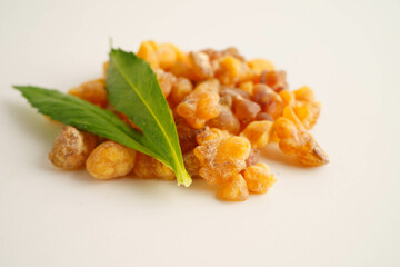 Frankincense or olibanum aromatic resin used in incense and perfumes.