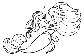 Mermaid hugs seahorse . Coloring page. Coloring book. Drawing of Mermaid hugs seahorse  isolated on a white background. Vector outline