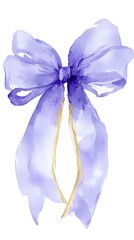 Lilac watercolor bow with subtle gold accents, ethereal brush strokes, minimalist white background