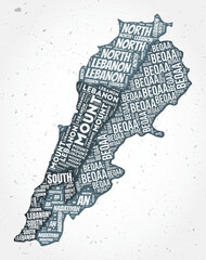 Lebanon regions word clouds. Country shape on textured background. Lebanon design in typographic style. Awesome vector illustration.