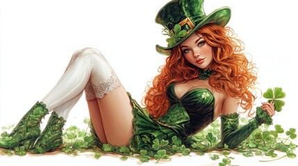 A cartoon drawing of an attractive woman in a green and black leprechaun costume, with white tights, laying on a top hat with her legs up holding a shamrock. White background.