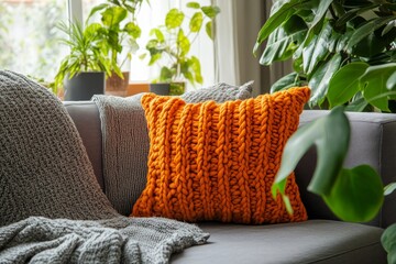 Orange knitted cushion on grey sofa with plants.