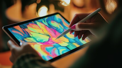 Person sketching vibrant art on digital tablet