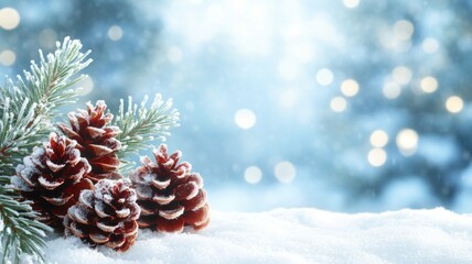 Obraz premium Frosted Pine Cones on Snowy Winter Branch