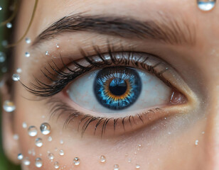 close-up of a light blue human eye with water droplets