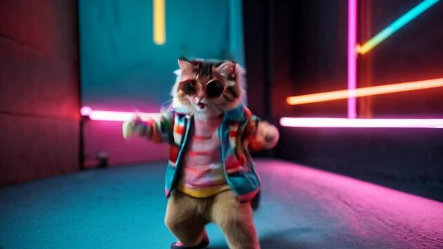 A playful and stylish cat wearing sunglasses and a colorful clothes, dancing. This vibrant and humorous image captures the quirky personality of cats and brings a smile with its bright colors and whim