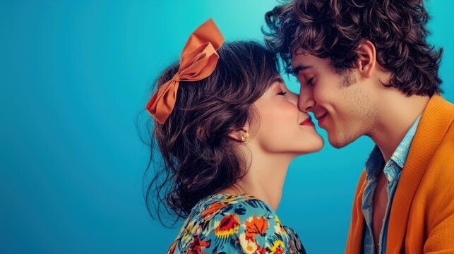 A movie poster for a romantic comedy featuring two playful characters about to kiss.