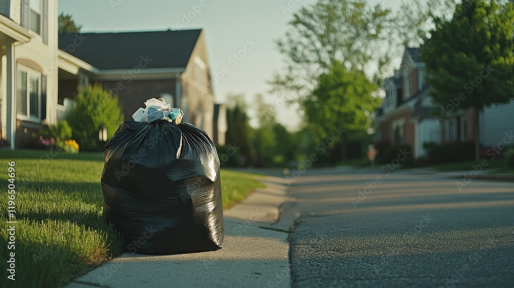 Poster large garbage bag bulging with trash, sitting on a curbside awaiting collection in a suburban neighb