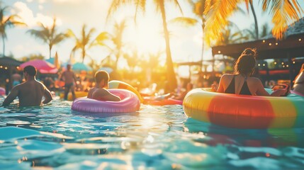 People swimming and relaxing at lively pool