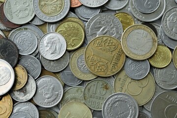 Big pile of different coins from various currencies and different countries around the world. Currency exchange