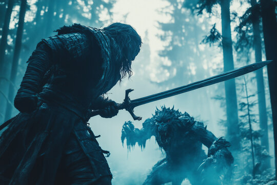 Medieval warrior with a sword fighting monsters in a night forest background.
