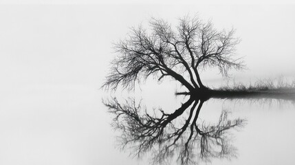 Serene Reflection: A Leafless Tree's Mirror Image in a Misty Lake