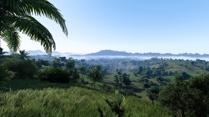 Tropical landscape with distant mountains