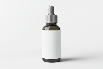 Amber glass dropper bottle with blank label on white background.
