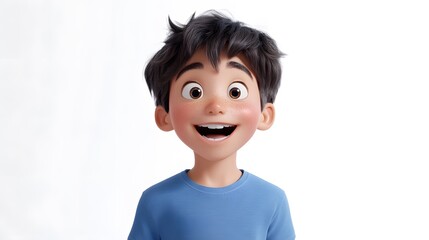 39. A boy with a wide smile, showing his excitement, wearing a casual blue t-shirt on a white background