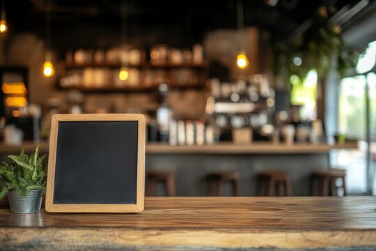 Blank chalkboard sign on wooden counter in coffee shop.
