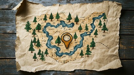 Artistic hand-drawn map with trees, rivers, and a bold search icon on aged paper