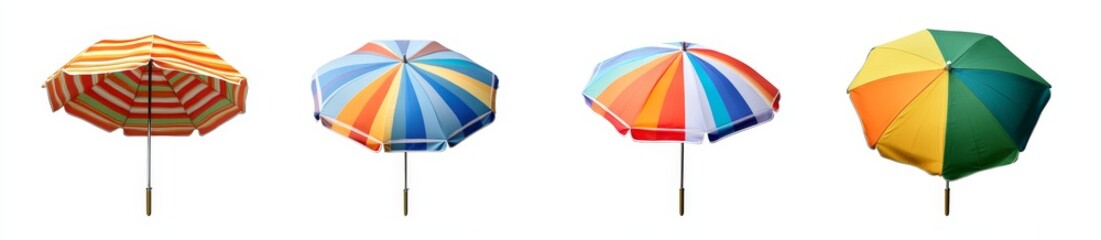 Four colorful striped beach umbrellas isolated on white background.