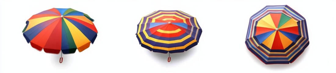 Obraz premium Three colorful umbrellas viewed from above, isolated on white.