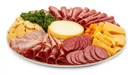 Assorted deli meats and cheeses, arranged in an elegant platter style on a white background.