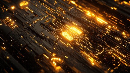 Abstract Circuit Board: Glowing Gold Microchip Technology