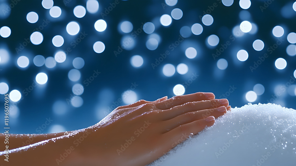 Aufkleber A serene close-up of a hand resting on a soft surface, surrounded by sparkling bokeh lights, evoking a calm and tranquil atmosphere