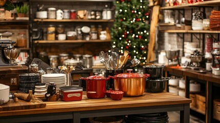 Christmas Kitchenware Display: Festive Cookware and Holiday Decor