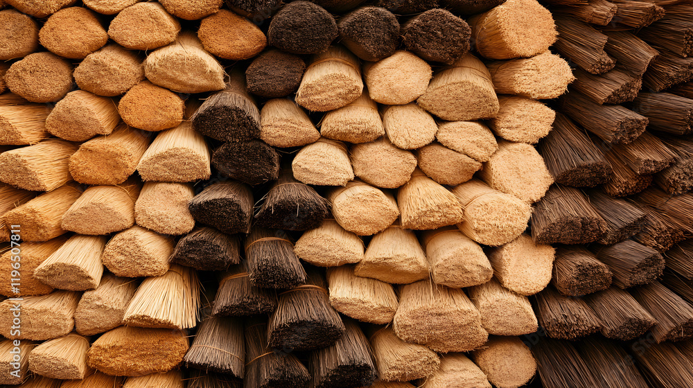 Poster piled logs of varying shades, arranged in a visually appealing pattern, showcasing the natural textu