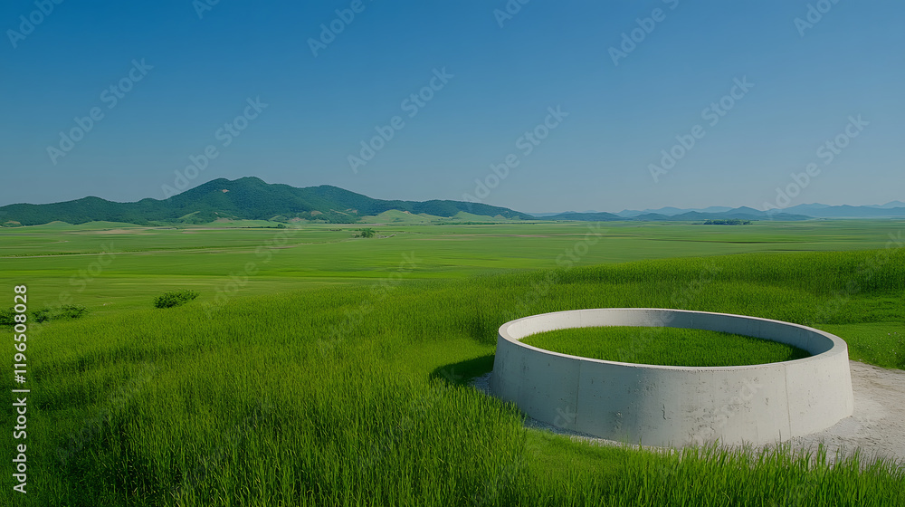 Aufkleber A serene landscape featuring a circular stone structure surrounded by lush green fields and distant mountains under a clear blue sky