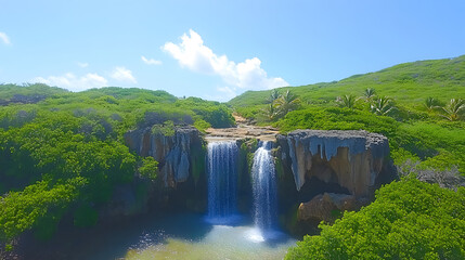Fototapeta premium A serene waterfall cascades over rocky cliffs, surrounded by lush greenery under a bright blue sky, creating a tranquil natural scene