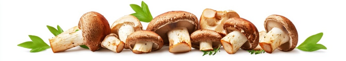 Fototapeta premium Fresh shiitake mushrooms with parsley leaves, isolated on white background.