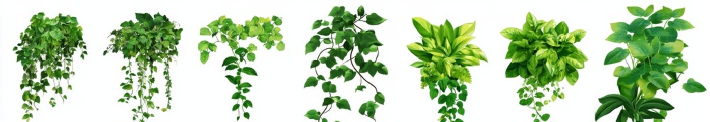 Naklejka premium Collection of various green leafy plants with vines and foliage.