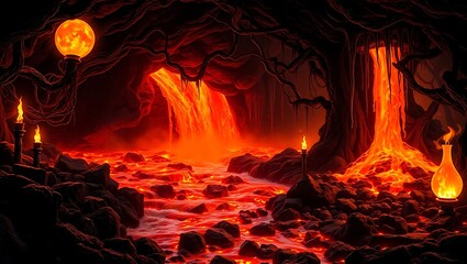 Lava River Flowing Through a Fiery Cave in a Dark Fantasy World