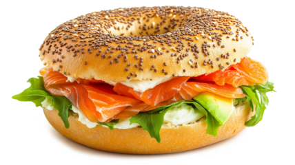  Closeup of a healthy smoked salmon bagel sandwich with cream cheese and avocado isolated on a white background