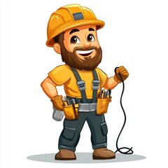 Fototapeta premium Bearded Cartoon Repairman with Tools: Handyman, Electrician, Construction Worker, Industrial, Professional