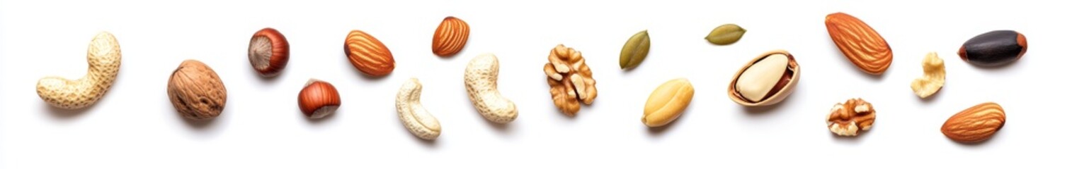 Assorted nuts and seeds scattered on white background.