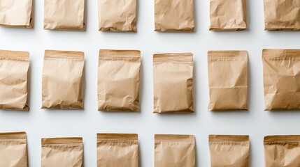 Brown kraft paper bags for food items like flour and cereals, arranged in a grid pattern on white