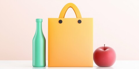Colorful Shopping Bag with Apple and Bottle
