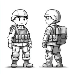 Obraz premium Cartoon Soldier Illustration: Black and White Military Character Design