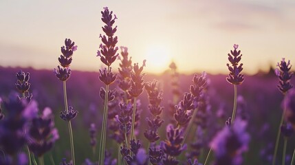 Obraz premium A field of purple lavender swaying gently in the breeze, with the setting sun painting the horizon in soft pink hues