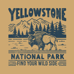 Yellowstone National Park, WY, USA Illustration Clip Art Design Shape. Bison Animal Silhouette Icon Vector.