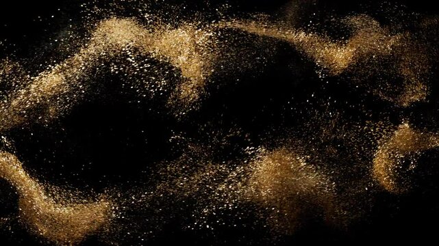 Loopable luxury particles background. 3D render of gold colored flow of metal particles with shine and reflections.