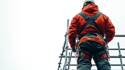 Worker in Safety Harness on Scaffolding at Midday