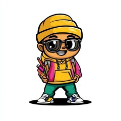 Fototapeta premium Cool Stylish Kid with Backpack and Crayons: A Vibrant Cartoon Illustration