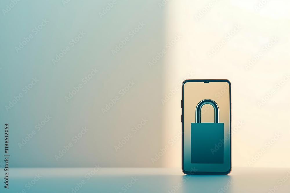 Poster a smartphone displaying a locked padlock symbol signifies security and privacy in a minimalist setti