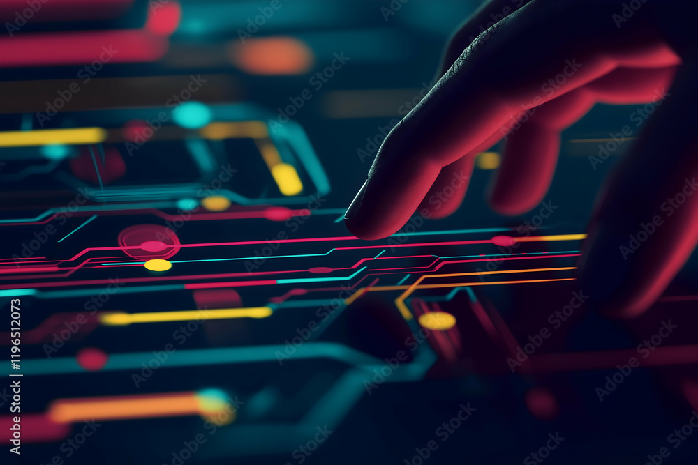 Poster a close-up of a finger interacting with colorful digital circuitry, representing technology and inno