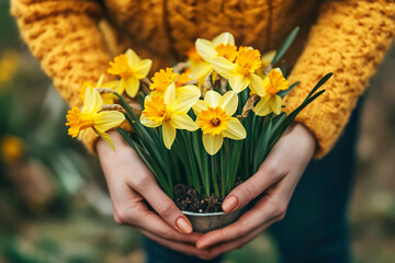 A girl holds a small pot of daffodils in her hands.