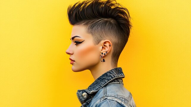 A bold mohawk haircut on a bright yellow background, radiating confidence and individuality.