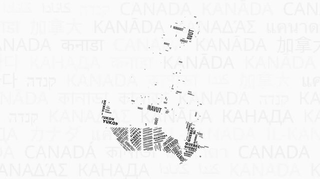 Canada intro animation. Country with provinces illustration video. Background with country names in various languages. Provinces of Canada animation. Modern video.